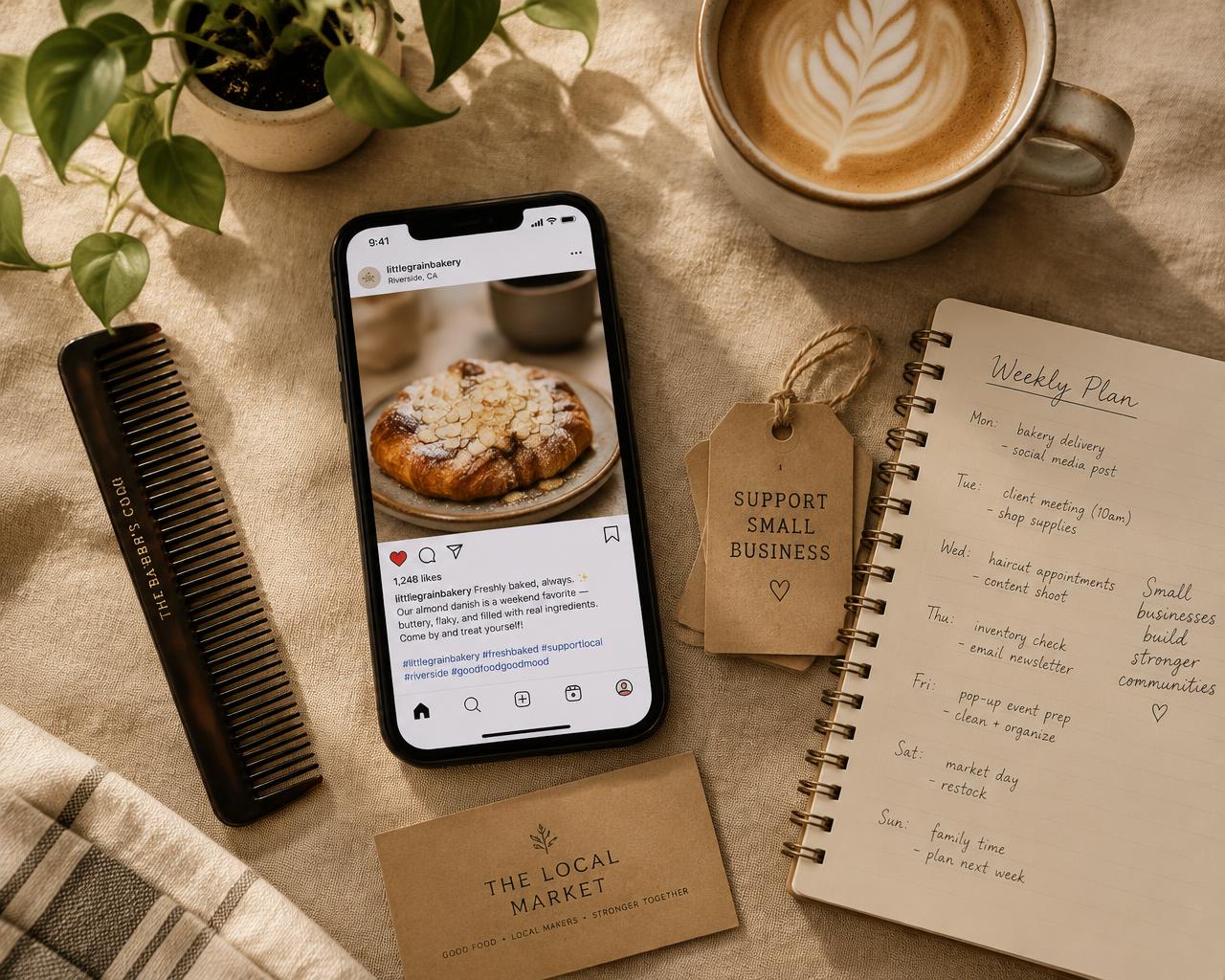 Illustration of a bakery social post alongside a weekly content plan